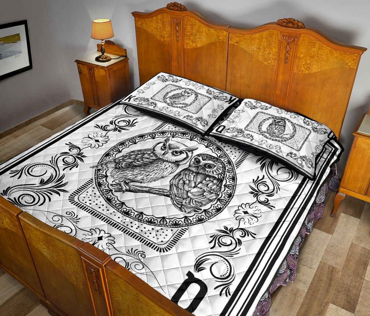 Owl King Queen Pen Art Poker Quilt Bed Set - Love Quilt Bedding Set