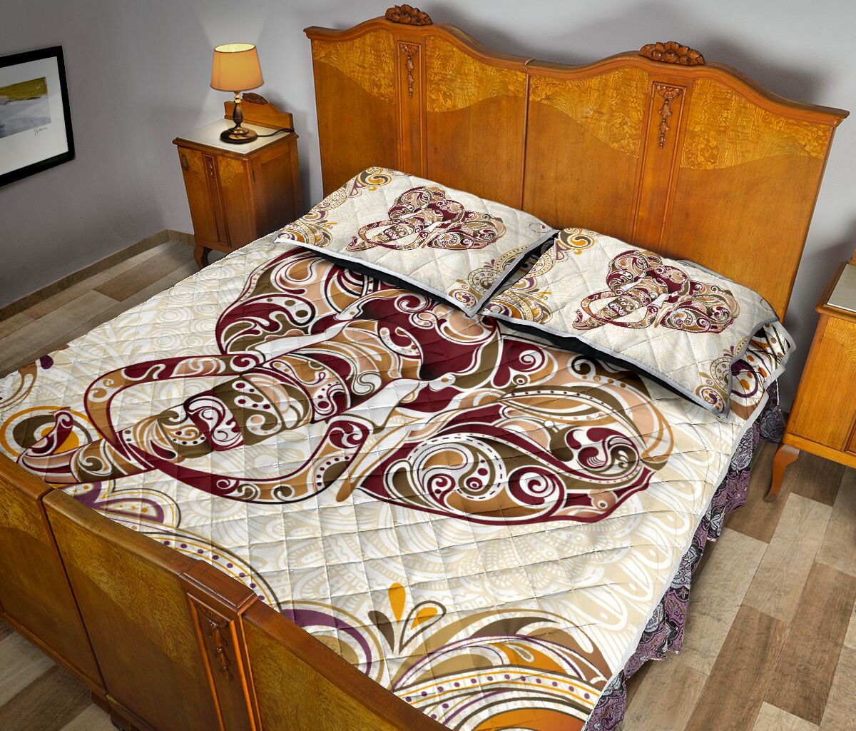 Elephant Asia Floral Background Style Quilt Bed Set - Love Quilt Bedding Set