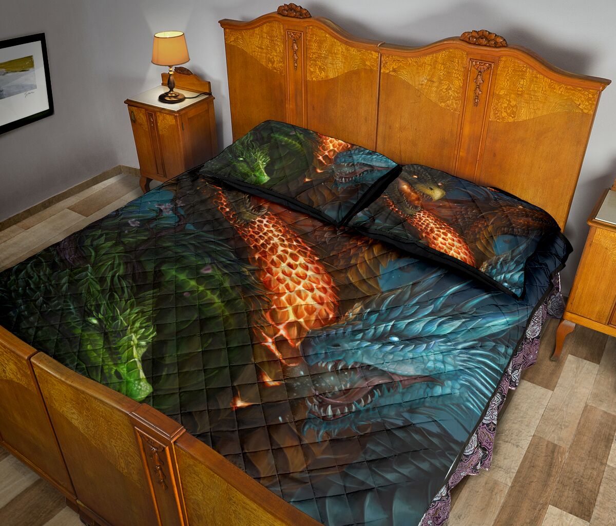 Dragon Green Ice Black Fire Style Quilt Bed Set - Love Quilt Bedding Set