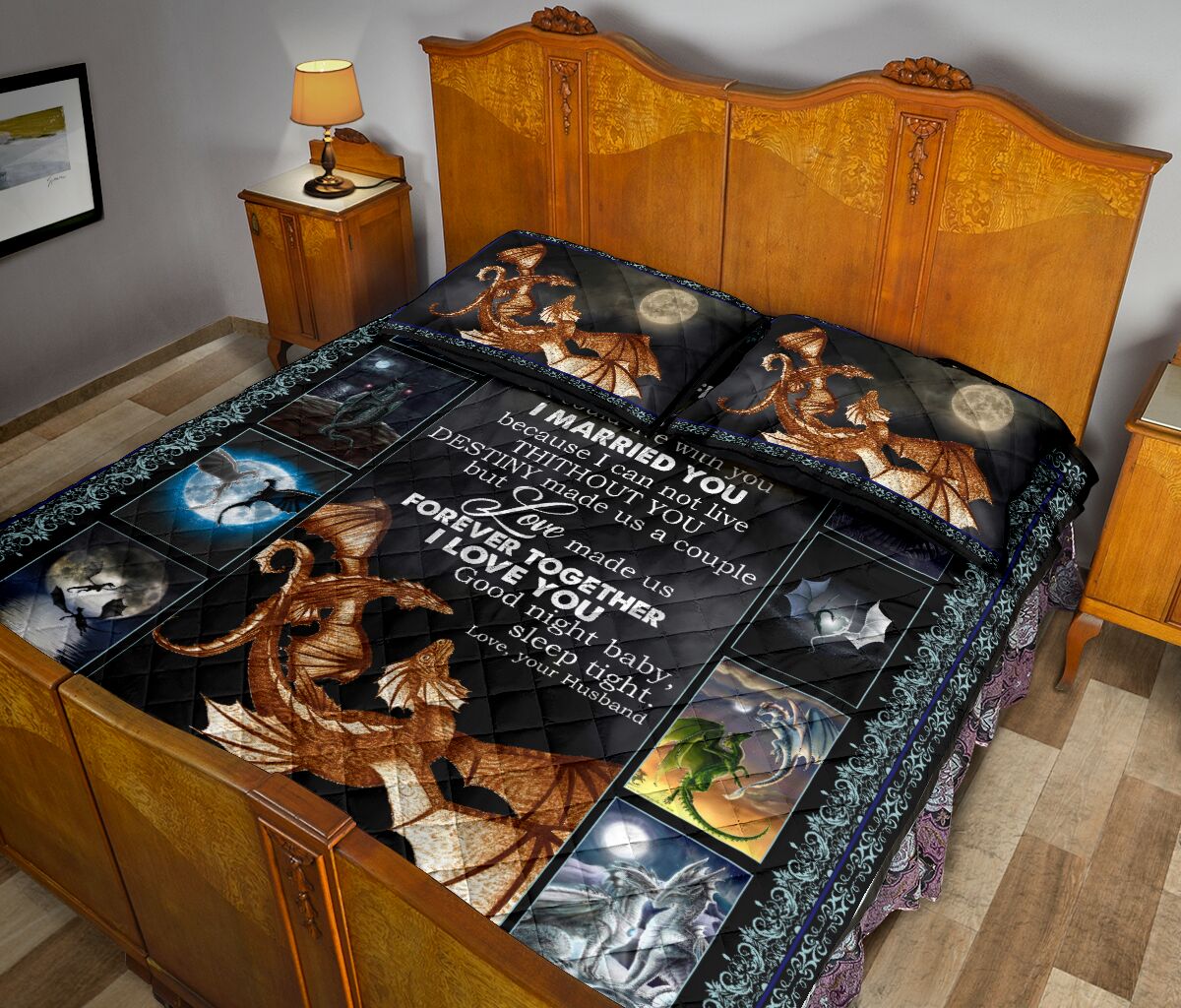 Dragon Love Dark Moon Quilt Bed Set - Love Quilt Bedding Set
