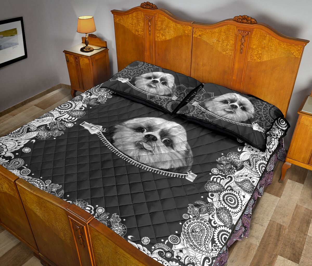 Shih Tzu Zipper Floral - Bed Set - Love Quilt Bedding Set