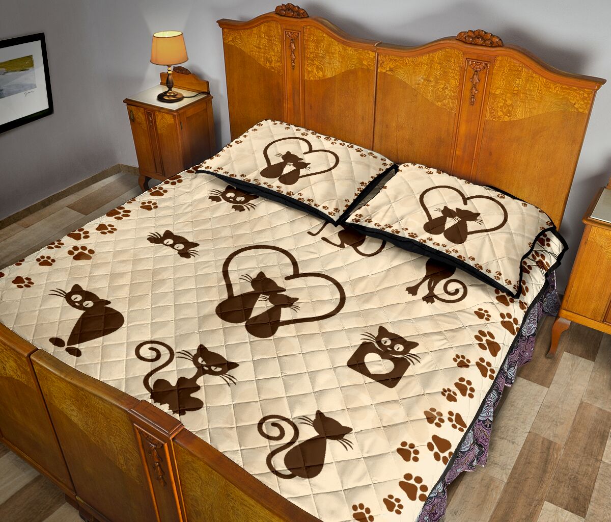 Cats Lover Pattern Quilt Bed Set - Love Quilt Bedding Set