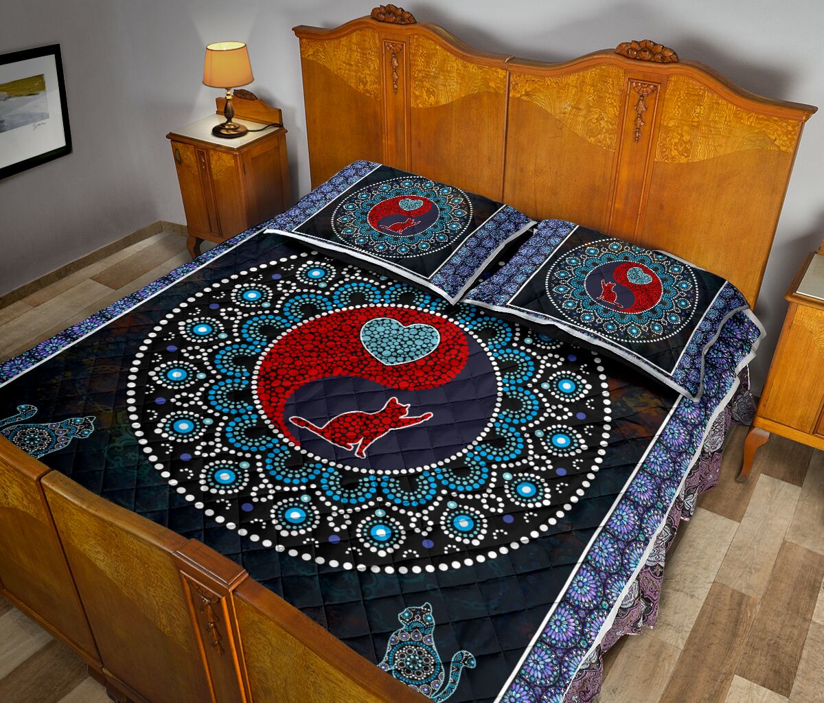 Cat Mandala Ying And Yang Style Quilt Bed Set - Love Quilt Bedding Set