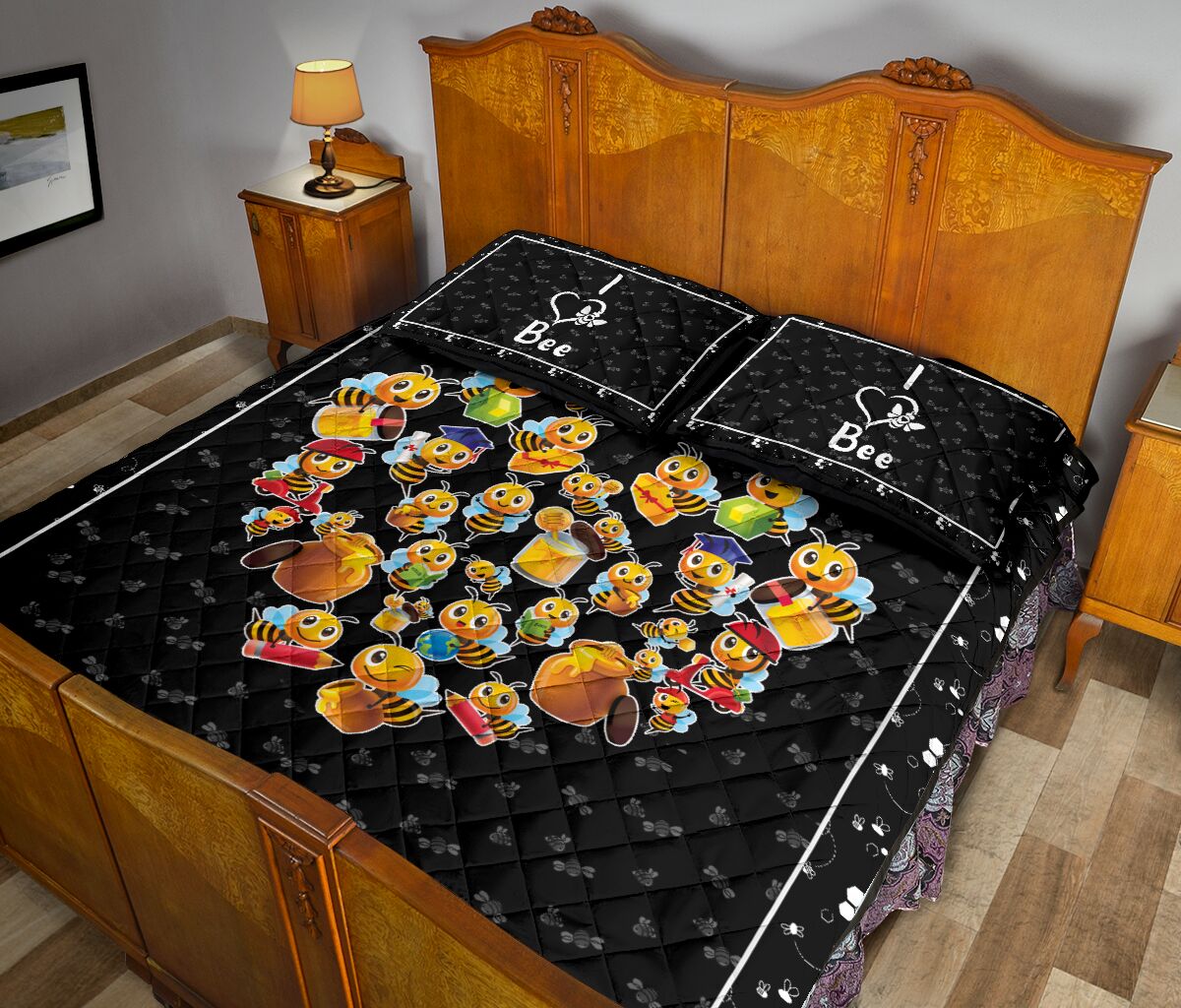 Bee Heart Cartoon Style Quilt Bed Set - Love Quilt Bedding Set
