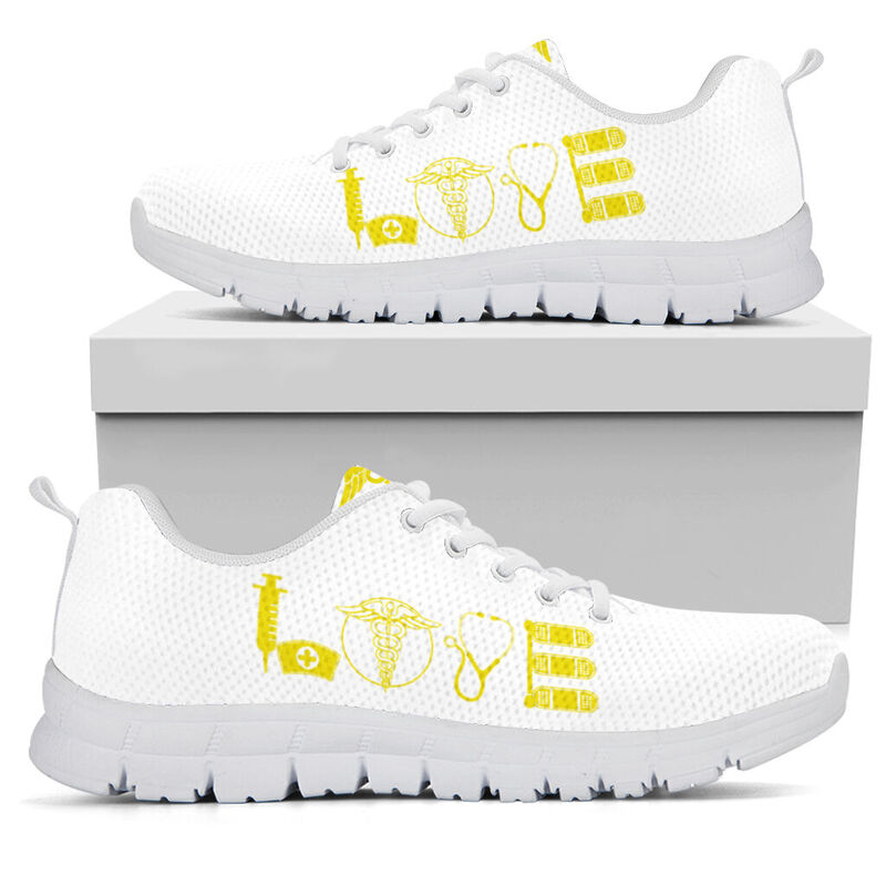 Nurse- Love Fluorescent Yellow White Sneakers, Running Shoes, Shoes For Women, Shoes For Men- Love Sneakers