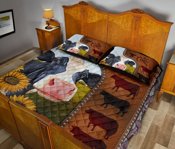 Cow Art Leather Style Quilt Bed Set - Love Quilt Bedding Set