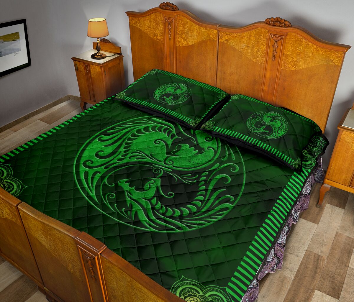 Dragon Tattoo Green Smoke Style Quilt Bed Set - Love Quilt Bedding Set