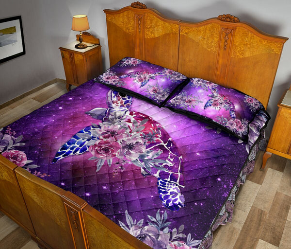 Turtle Flower Watercolor Galaxy Style Quilt Bed Set - Love Quilt Bedding Set