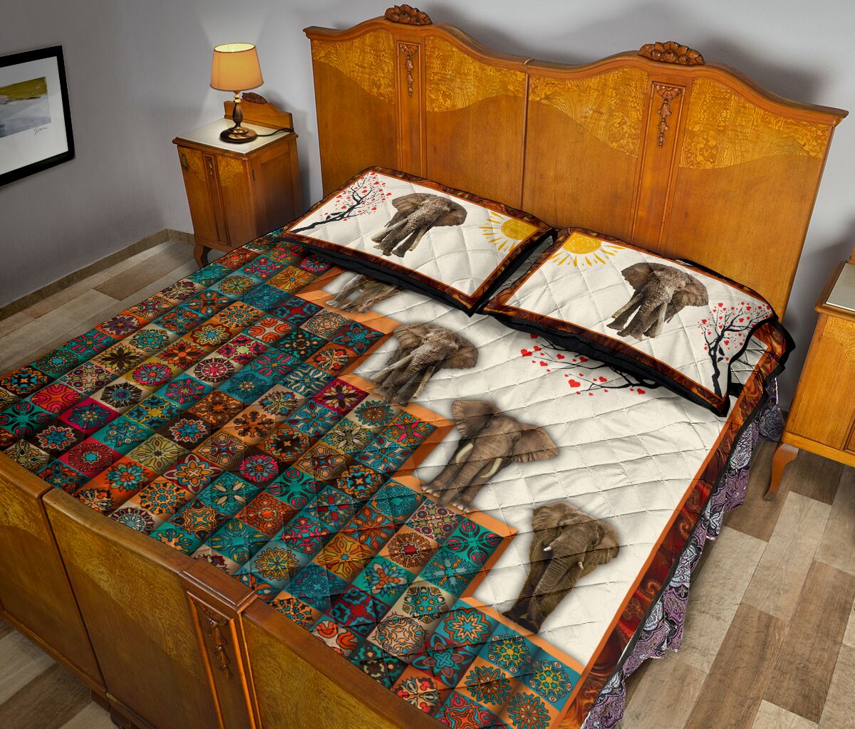 Elephant Sun And Tree Mandala Style Quilt Bed Set - Love Quilt Bedding Set