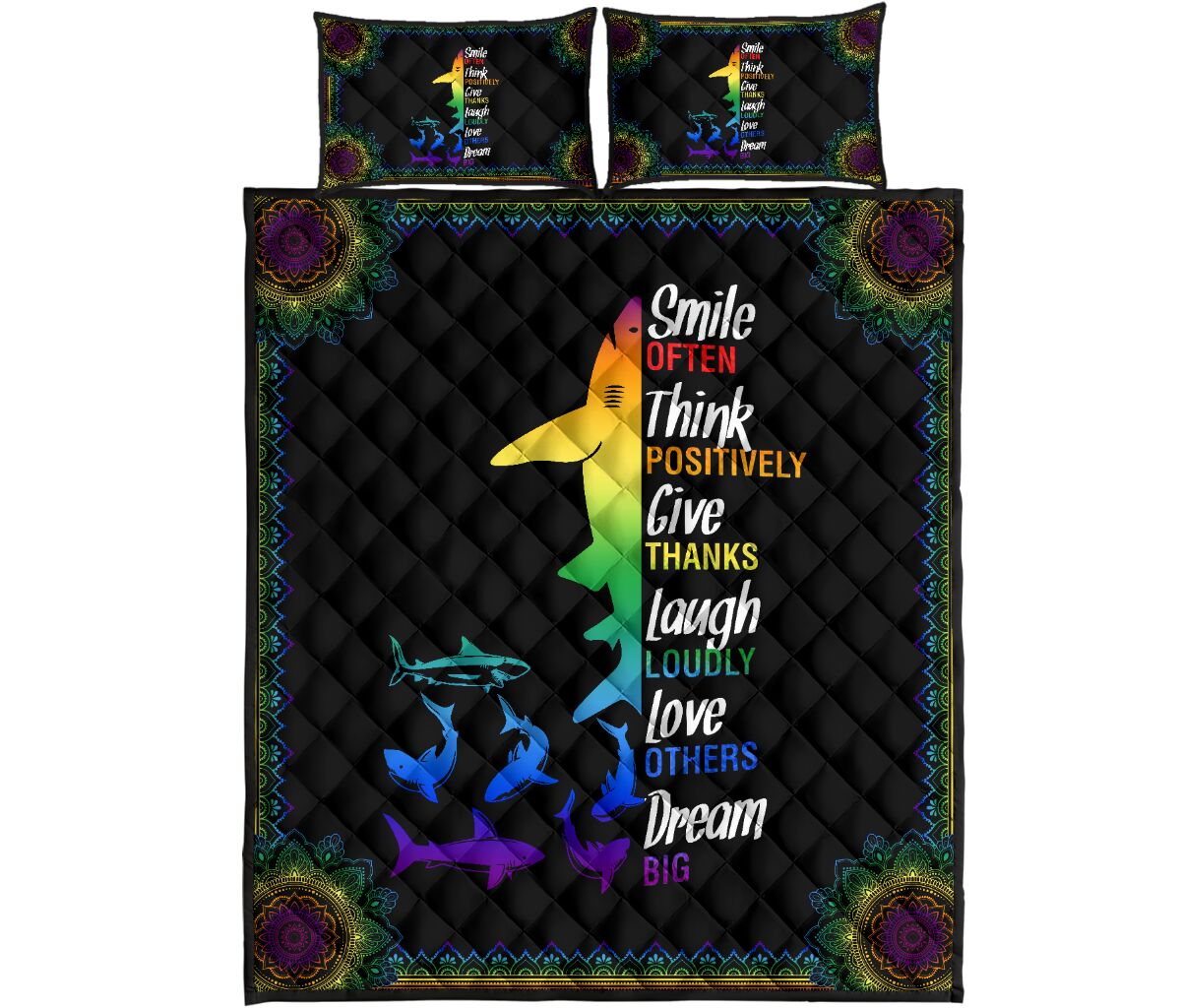 Shark Rainbow Color Smile Often Think Quilt Bed Set 2- Love Quilt Bedding Set