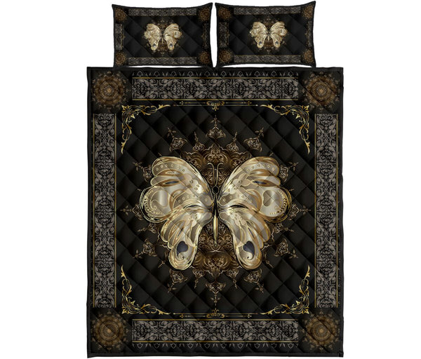 Butterfly Motif Gold Quilt Bed Set - Love Quilt Bedding Set