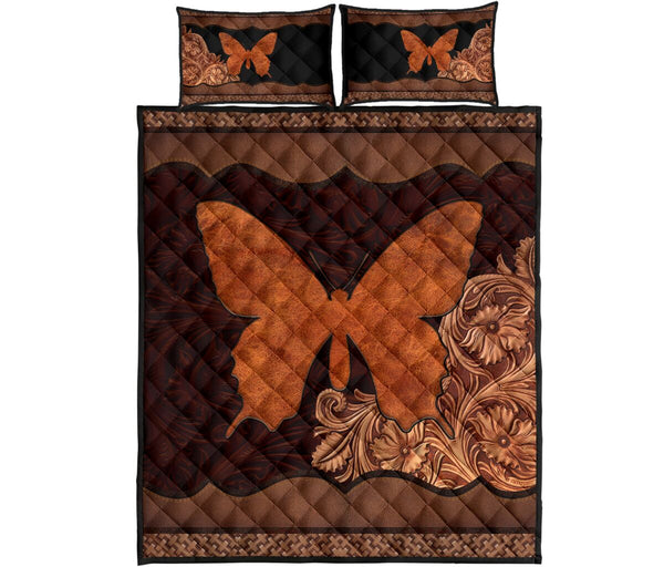 Butterfly Carving Leather Skin Style Quilt Bed Set - Love Quilt Bedding Set