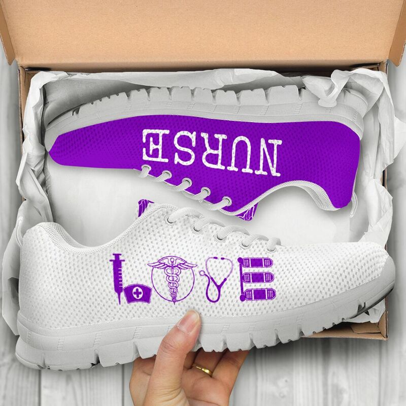 Nurse- Love Purple White Sneakers, Running Shoes, Shoes For Women, Shoes For Men, Custom Sh- Love Sneakers