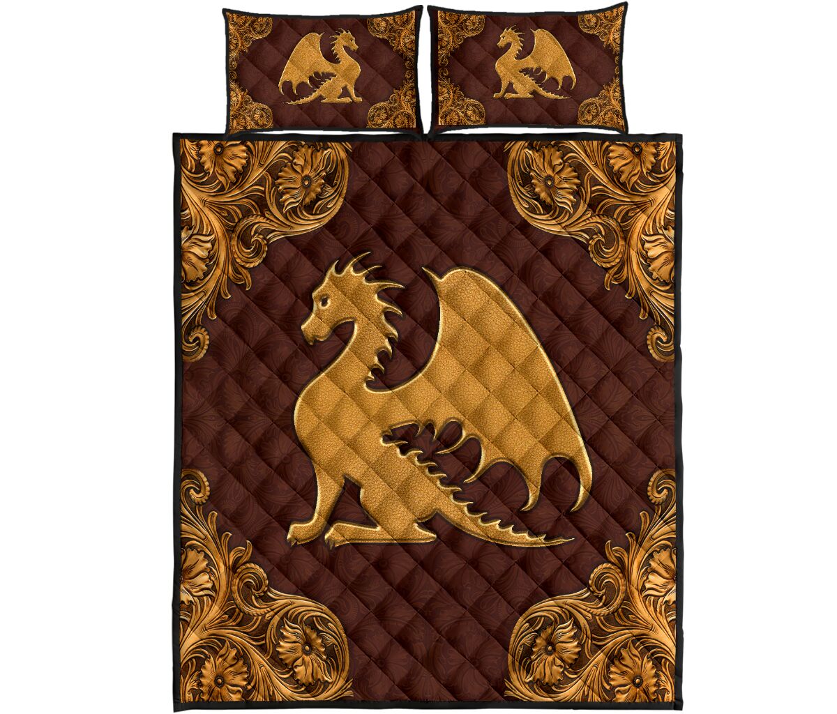 Dragon Leather Carving Style Quilt Bed Set - Love Quilt Bedding Set