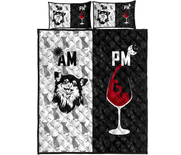 Chihuahua Long Haired Black And White Style Quilt Bed Set - Love Quilt Bedding Set