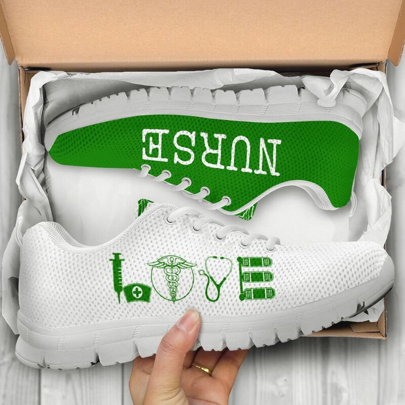 Nurse- Love Green White Sneakers, Running Shoes, Shoes For Women, Shoes For Men, Custom Shoe- Love Sneakers