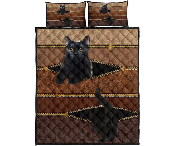Cat Black Zipper Leather Quilt Bed Set- Love Quilt Bedding Set