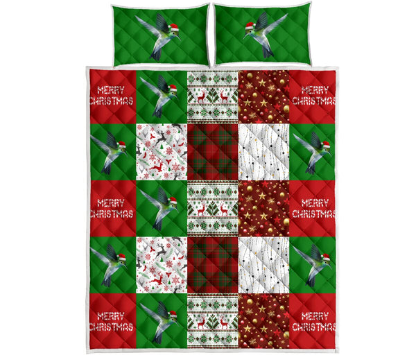 Hummingbird Merry Christmas Pattern Style Quilt Bed Set - Love Quilt Bedding Set