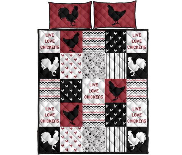 Live Love Chickens Pattern Quilt Bed Set - Love Quilt Bedding Set