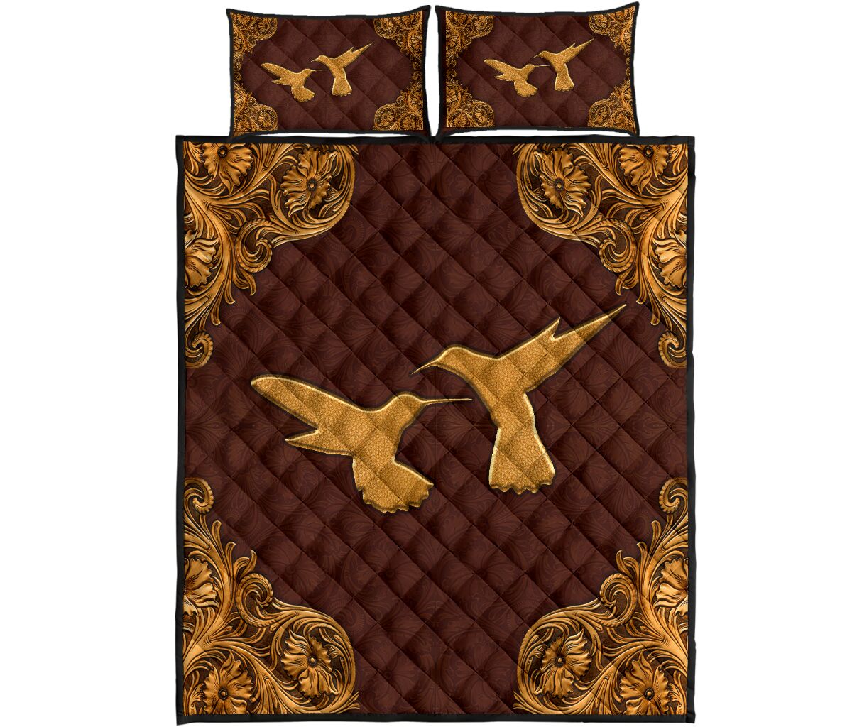 Humingbird Flying Leather Carving Style Quilt Bed Set - Love Quilt Bedding Set