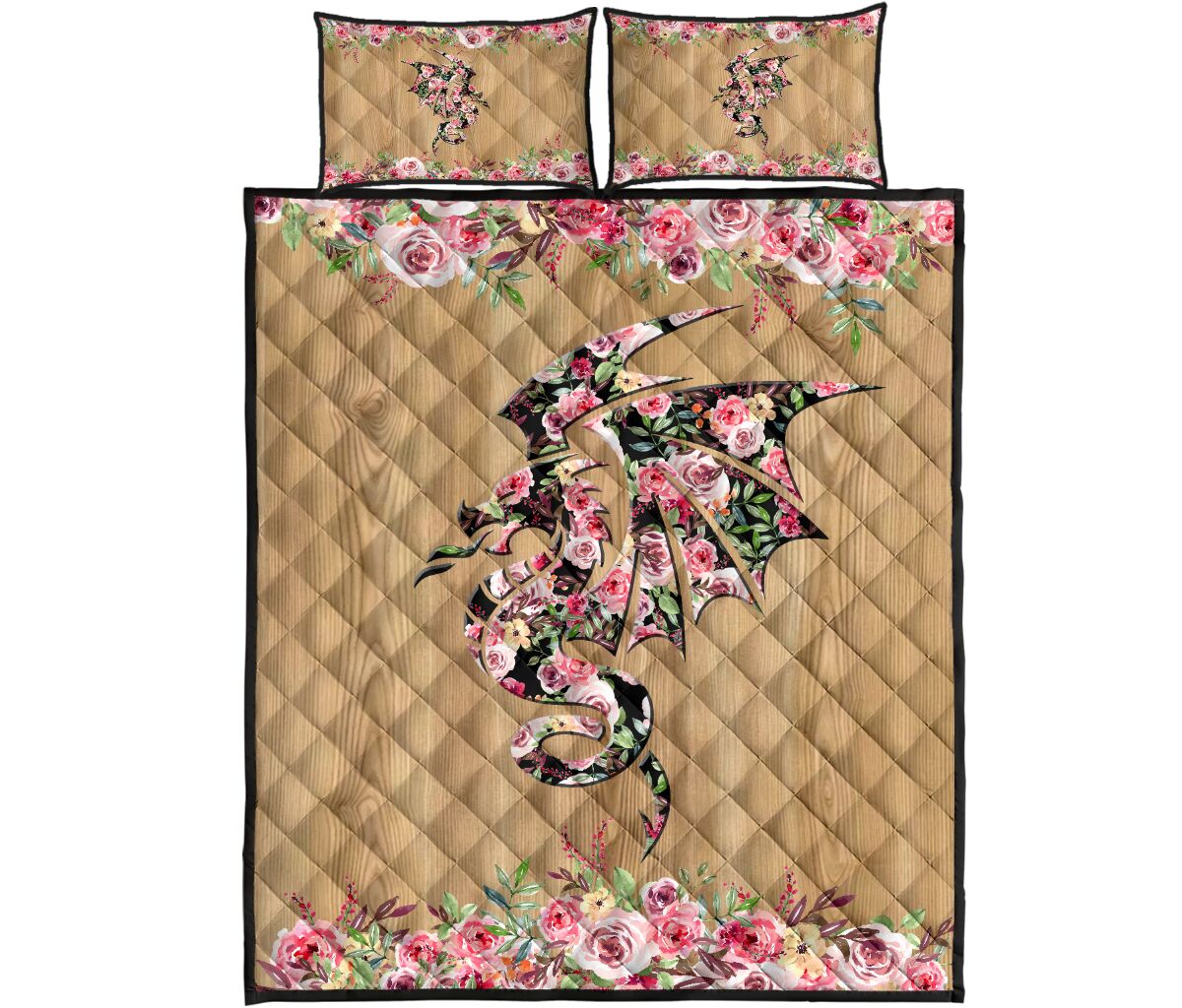 Dragon Flower Wood Style Quilt Bed Set- Love Quilt Bedding Set