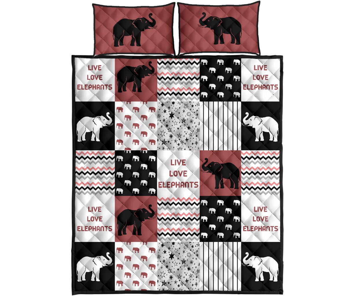 Live Love Elephants Pattern Quilt Bed Set - Love Quilt Bedding Set