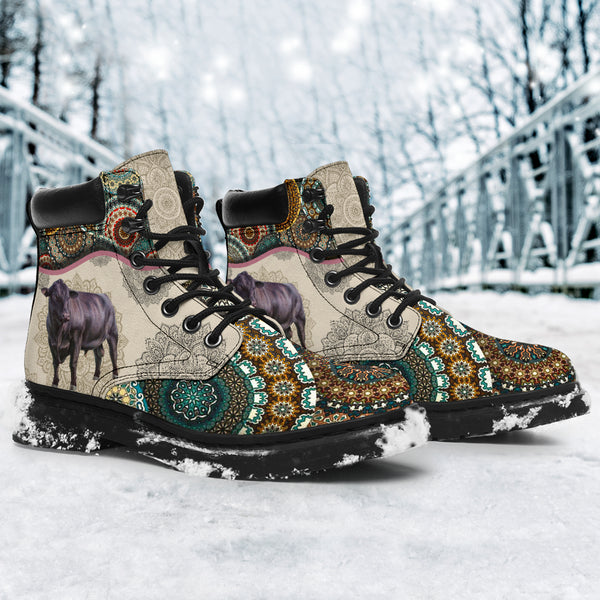 Angus Cattle - Vintage Mandala Asboot Sky - Love All Season Boots