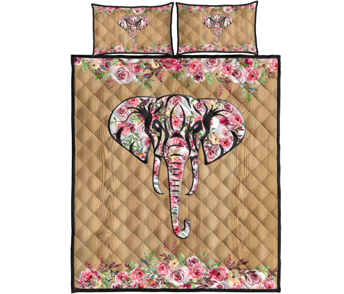 Elephant Flower Wood Style Quilt Bed Set - Love Quilt Bedding Set