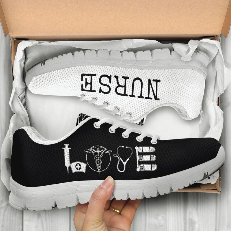 Nurse- Love Black White Sneakers, Running Shoes, Shoes For Women, Shoes For Men, Custom Shoe- Love Sneakers