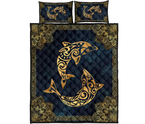 Dolphin Mandala Gold Art Style Quilt Bed Set - Love Quilt Bedding Set