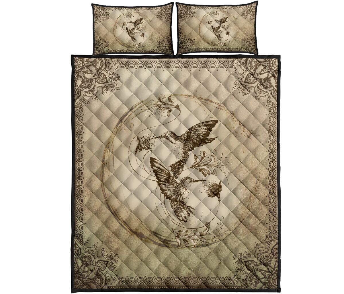 Humming Bird Pencil Drawing Style Quilt Bed Set - Love Quilt Bedding Set