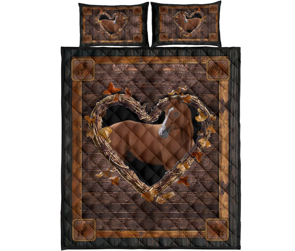 Horse Wood Heart Tree Dry Style Quilt Bed Set - Love Quilt Bedding Set