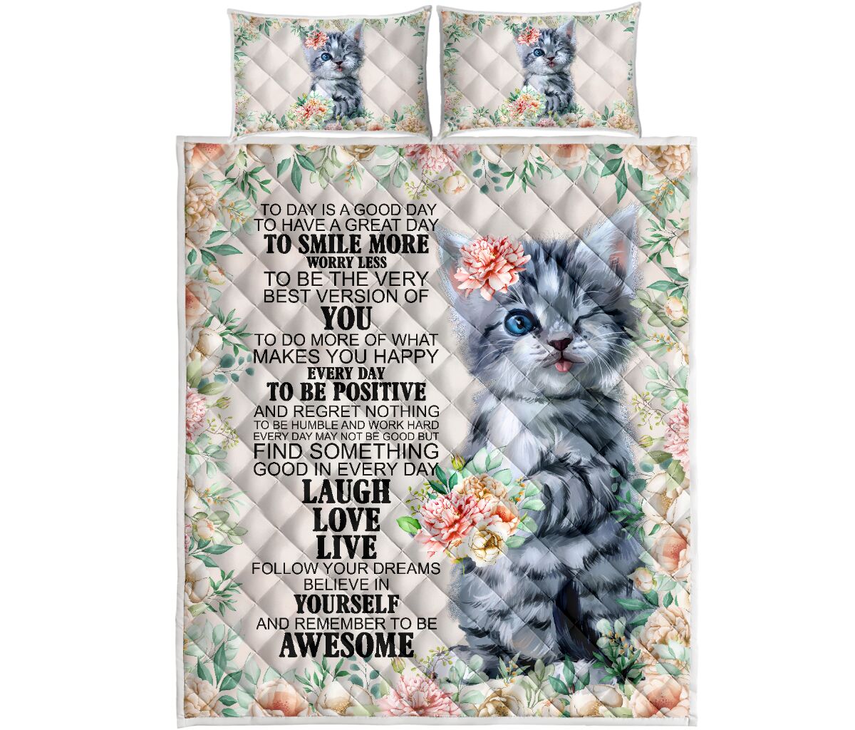 Cat Laugh Love Live Funny Flower Art Quilt Bed Set - Love Quilt Bedding Set