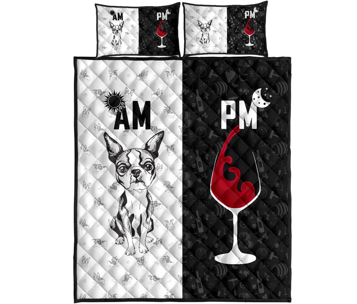 Boston Terrier Dog Black And White Style Quilt Bed Set - Love Quilt Bedding Set