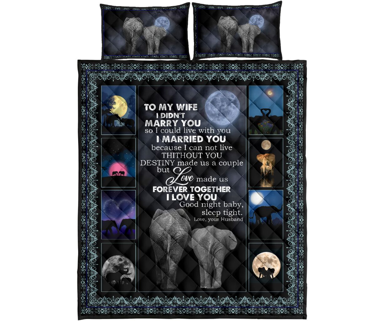 Elephant Love Dark Moon Quilt Bed Set - Love Quilt Bedding Set