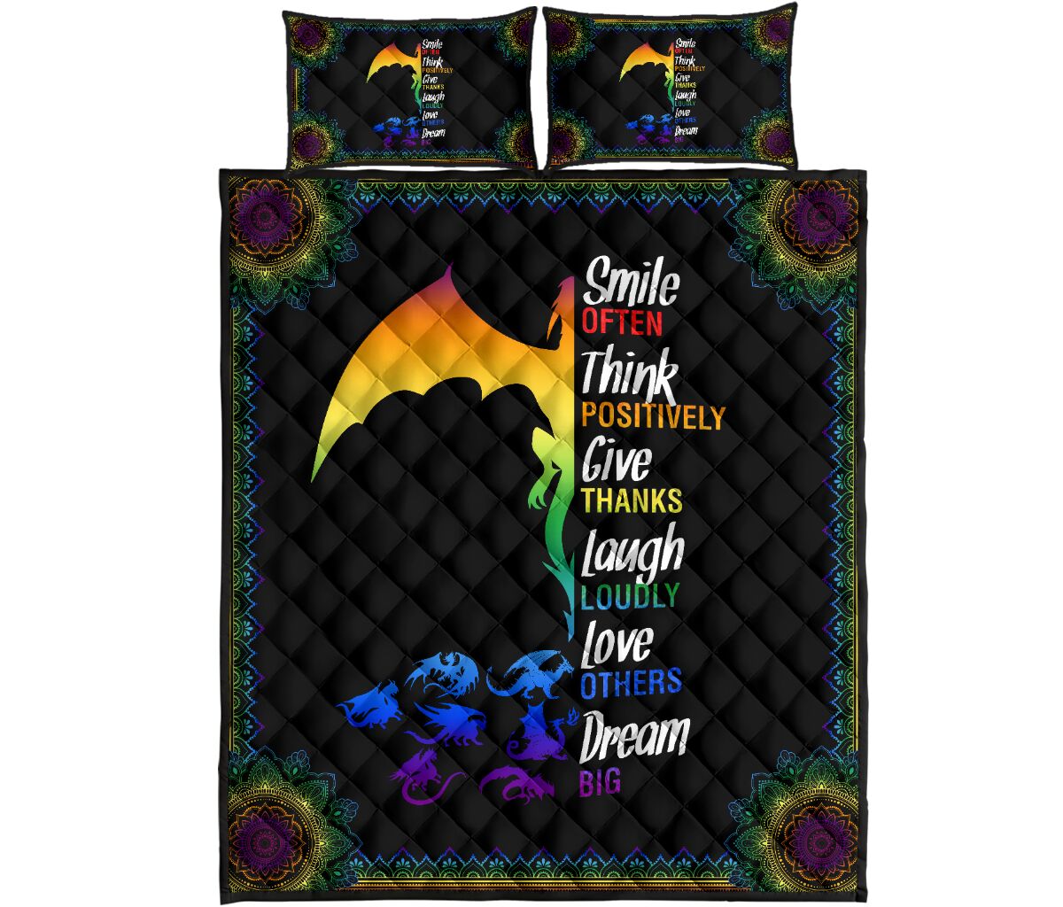 Dragon Rainbow Color Smile Often Think Quilt Bed Set - Love Quilt Bedding Set