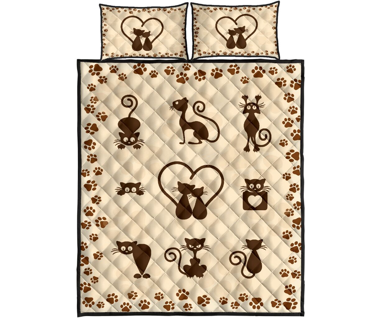 Cats Lover Pattern Quilt Bed Set - Love Quilt Bedding Set