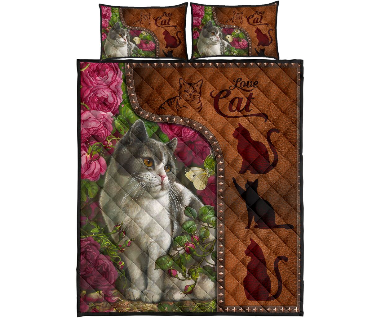 Cat Art Leather Style Quilt Bed Set - Love Quilt Bedding Set