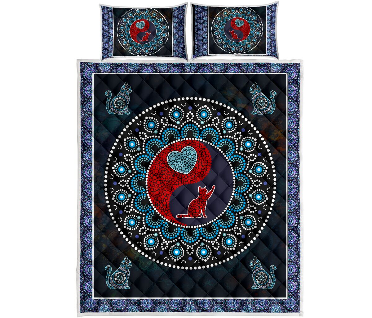 Cat Mandala Ying And Yang Style Quilt Bed Set - Love Quilt Bedding Set