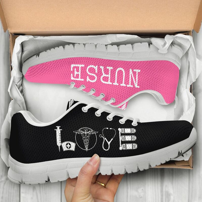 Nurse- Love Black Pink Sneakers, Running Shoes, Shoes For Women, Shoes For Men, Custom Shoes- Love Sneakers
