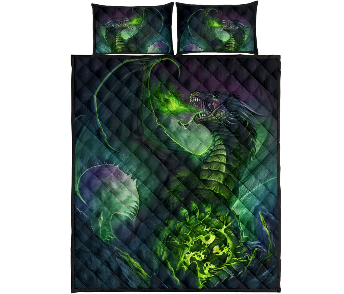 Dragon Fire Green Moutain Art Style Quilt Bed Set - Love Quilt Bedding Set