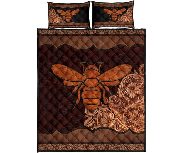 Bee Carving Leather Skin Style Quilt Bed Set - Love Quilt Bedding Set