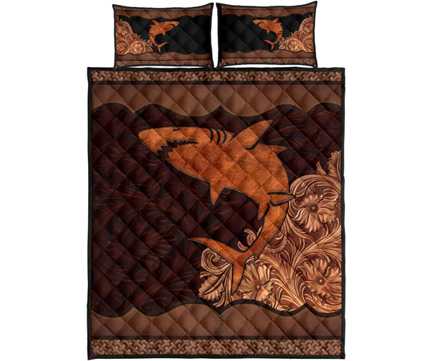 Shark Carving Leather Skin Style Quilt Bed Set - Love Quilt Bedding Set