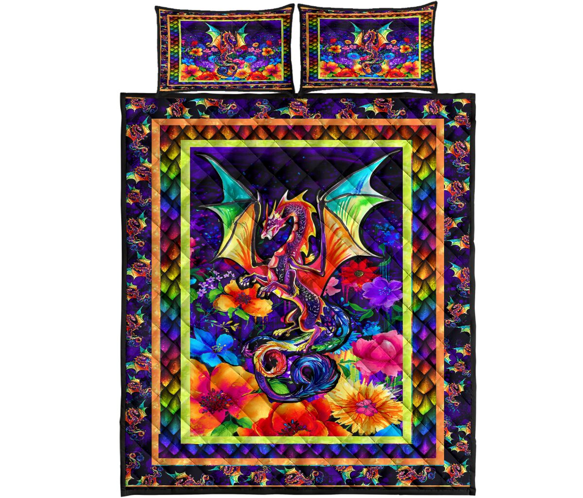 Colorful Dragon Quilt Bed Set - Love Quilt Bedding Set