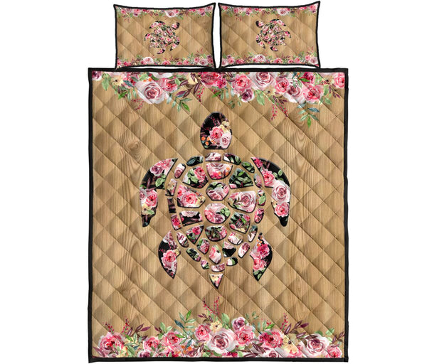 Turtle Flower Wood Style Quilt Bed Set - Love Quilt Bedding Set