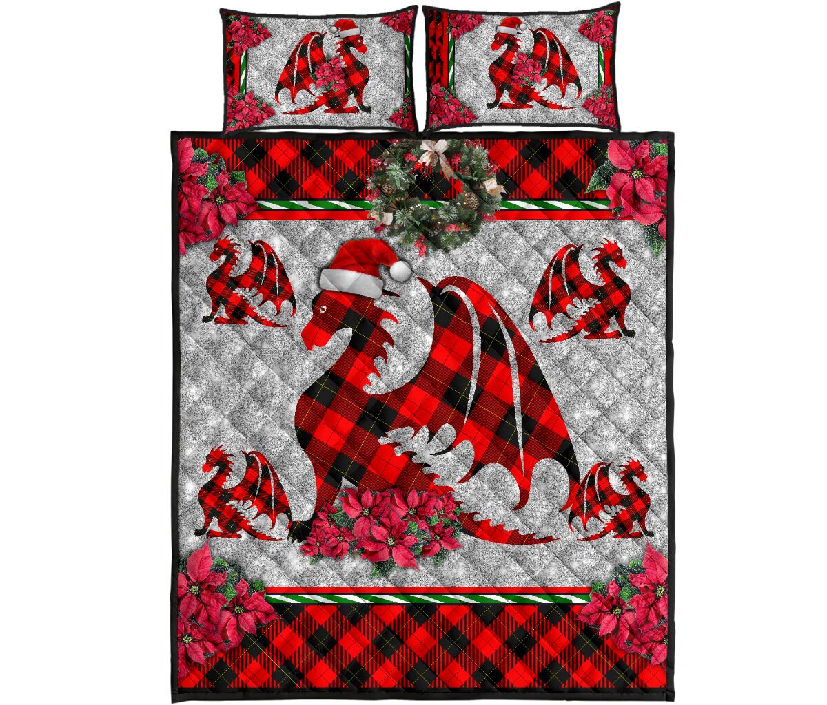 Dragon Christmas Faux Glitter Print Quilt Bed Set - Love Quilt Bedding Set