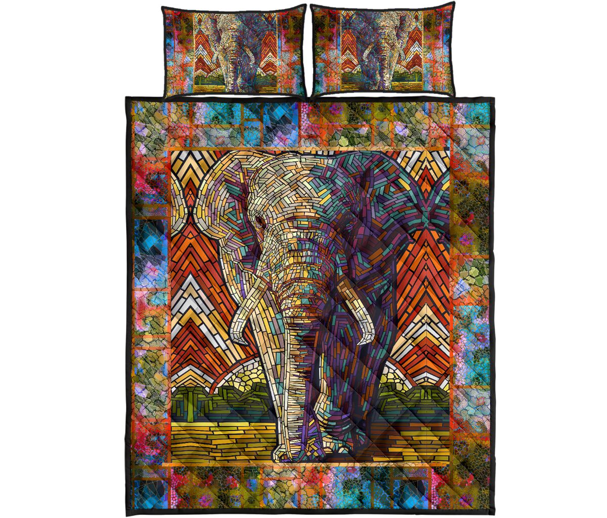 Elephant Paper Mosaic Style Quilt Bed Set - Love Quilt Bedding Set