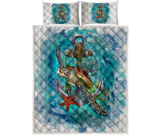 Turtles Watercolor Style Quilt Bed Set - Love Quilt Bedding Set