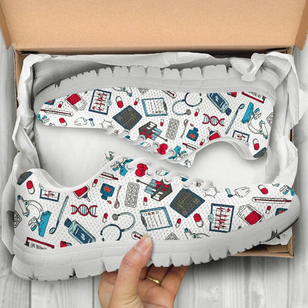 Nurse Pattern White Sneakers, Running Shoes, Shoes For Women, Shoes For Men, Custom Shoes, L- Love Sneakers