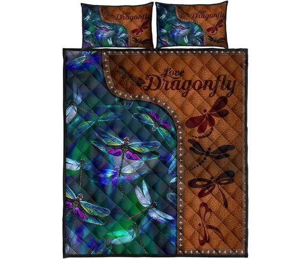 Dragonfly Art Leather Style Quilt Bed Set - Love Quilt Bedding Set